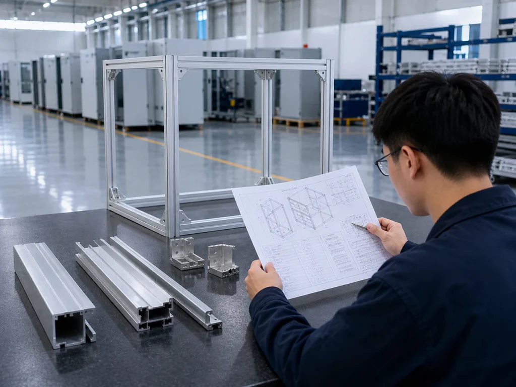 Engineer reviewing a frame drawing beside aluminum profiles and an assembled frame.