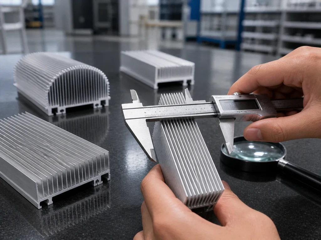 Aluminum heat-sink samples being examined with a caliper and magnifier nearby.