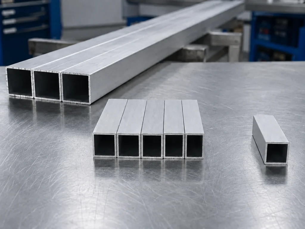 Long aluminum stock, five short sections and a separate remaining offcut.