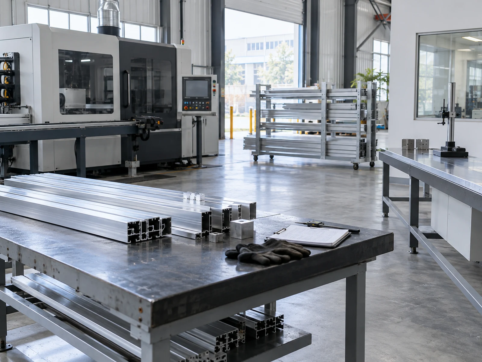Illustrative equipment and support area for an aluminum saw for a distributor showroom