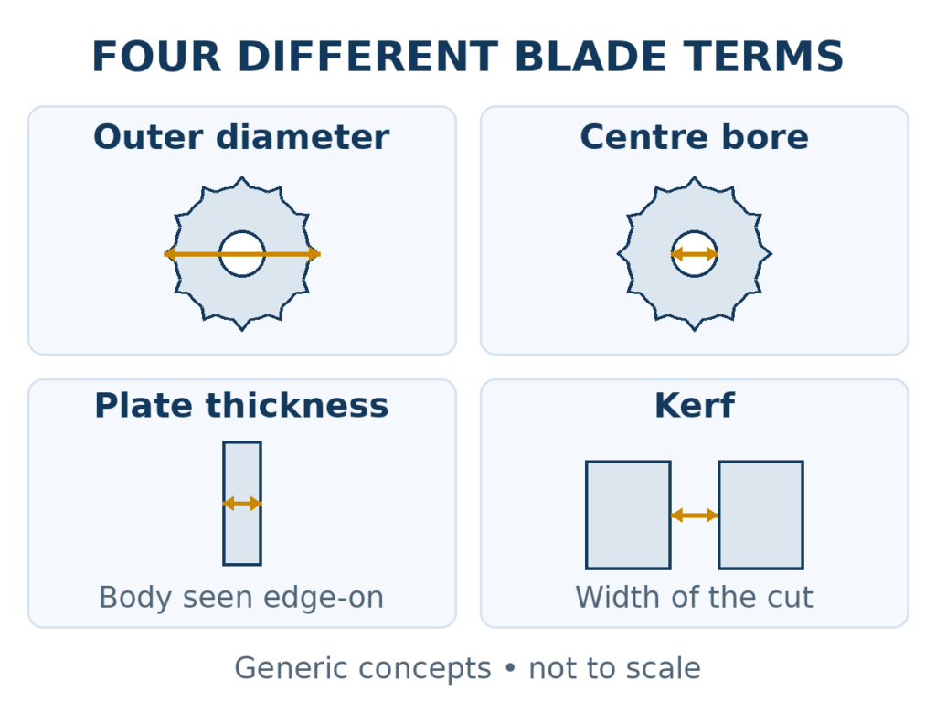 Generic outer diameter, centre bore, plate thickness and kerf for discussing aluminum saw blade dimensions